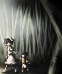  animal_ears bad_id bamboo bamboo_forest barefoot black_hair brown_hair bunny_ears carrot carrots forest inaba_tewi japanese_clothes multiple_girls nature negi_(artist) rabbit_ears red_eyes short_hair touhou 