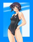  black_hair blue_eyes competition_swimsuit hand_on_hip kusemono one-piece_swimsuit short_hair swimsuit 