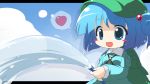  backpack bag blue_hair blush_stickers chibi hat heart hose kawashiro_nitori key oka_(artist) oka_(bananashoe) open_mouth smile spoken_heart tareme touhou twintails water 