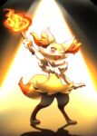  1girl animal_ear_fluff animal_ears animal_feet animal_hands animal_nose arm_up backlighting black_fur blush body_fur braixen commentary_request enden_(slcn040) fang fire flat_chest fox_ears fox_girl fox_tail full_body fur_collar furry furry_female happy highres holding holding_stick looking_at_viewer one_eye_closed open_mouth outstretched_arm partial_commentary pokemon pokemon_(creature) pyrokinesis red_eyes shadow smile snout solo stage_lights standing stick tail white_fur yellow_fur 