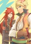  alternate_costume asch ayumiso blonde_hair choker gloves green_eyes guy_cecil long_hair lowres male multiple_boys red_hair redhead smile sword tales_of_(series) tales_of_the_abyss weapon yellow_background 