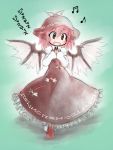  :d [] animal_ears bad_id brown_eyes dress happy hat musical_note mystia_lorelei open_mouth pink_hair singing smile solo touhou translated wings 