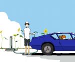  casual flower gen hose ikari_shinji motor_vehicle neon_genesis_evangelion oekaki red_hair redhead renault_alpine_a310 sky souryuu_asuka_langley vehicle water_hose 