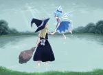  bad_id barefoot blonde_hair blue_hair bow broom cirno dress hair_ribbon hair_ribbons hand_holding hat hat_ribbon hat_ribbons holding_hands kirisame_marisa lake landscape multiple_girls natsume_(menthol) natsume_(n-k) natsume_(pixiv) ribbon ribbons scenery touhou water wings witch_hat 