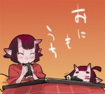 child demon_girl eating food happy horns kotatsu lowres maki_roll makizushi mouth_hold oni oohara_kyuutarou red_oni setsubun sushi table 