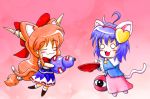  ahoge animal_ears blonde_hair chibi horns ibuki_suika komeiji_satori long_hair orange_hair pic2_toshi purple_hair ribbon short_hair tail touhou 