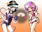  arioto backbeard buruma gegege_no_kitarou green_eyes green_hair gym_uniform hat komeiji_koishi komeiji_satori name_tag one-piece_swimsuit purple_hair red_eyes school_swimsuit swimsuit swimsuit_under_clothes touhou winn 