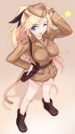  blonde_hair blue_eyes boots breasts hand_on_hip holster katharine_ohare long_hair open_mouth shikkaku strike_witches tail uniform wink 