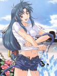  brown_eyes car chidori_kaname denim denim_shorts full_metal_panic full_metal_panic! highres long_hair motor_vehicle navel open_fly photoshop shorts solo unzipped vehicle 