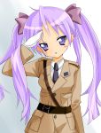  hiiragi_kagami long_hair lucky_star military military_uniform purple_eyes purple_hair salute twintails uniform violet_eyes 