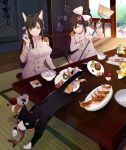  2girls anger_vein angry animal_ears apple artist_request atago_(azur_lane) azur_lane banana black_hair breasts broom cat chair chopsticks dishes food food_in_mouth food_theft fruit gloves highres long_hair meat military military_uniform multiple_girls onigiri ponytail rice_bowl takao_(azur_lane) uniform vase 