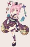  1girl atelier_(series) atelier_sophie bare_shoulders blush chibi cornelia_(atelier) frills hair_ornament japanese_clothes kimono looking_at_viewer pink_eyes pink_hair short_hair sleeves_past_wrists solo wagashi928 