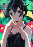  1girl :3 black_hair black_tank_top chin_rest collarbone commentary_request floral_background flower grey_nails hair_between_eyes hands_up harikamo looking_at_viewer nail_polish original red_flower short_hair smile solo tank_top upper_body yellow_flower 
