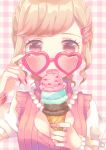  1girl bangs bracelet brown_hair cleavage_cutout commentary_request food hair_ornament hairclip heart heart-shaped_eyewear hina_(milk_ti_leaf) holding holding_food ice_cream_cone jewelry licking multicolored multicolored_nails nail_polish necklace original pearl_bracelet pearl_necklace pink-framed_eyewear pink-tinted_glasses pink_nails plaid plaid_background red_eyes red_nails short_sleeves sidelocks solo swept_bangs tongue triple_scoop upper_body white_nails 