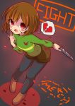  1other absurdres androgynous bangs black_legwear blood blood_on_face bloody_clothes bloody_knife blush_stickers brown_footwear brown_hair brown_shorts chara_(undertale) eyebrows_visible_through_hair finger_to_cheek full_body highres holding holding_knife inon knife leaning_forward long_sleeves looking_at_viewer open_mouth pantyhose red_eyes shaded_face shoes shorts solo standing undertale 