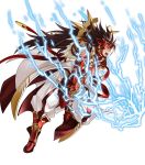  1boy armor attack brown_eyes brown_hair electricity feathers fire_emblem fire_emblem_heroes fire_emblem_if gloves highres holding holding_sword holding_weapon katana kita_senri lightning long_coat long_hair male_focus mask official_art open_mouth pants raijintou_(sword) red_armor ryouma_(fire_emblem_if) serious sheath simple_background solo spiky_hair sword very_long_hair weapon white_background white_coat white_pants 