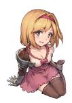  1girl :d blonde_hair blush boots bow breasts brown_eyes brown_footwear cleavage djeeta_(granblue_fantasy) eyebrows_visible_through_hair from_above gauntlets granblue_fantasy hair_intakes hairband haoni high-waist_skirt looking_at_viewer medium_breasts open_mouth pink_skirt red_bow shirt short_hair simple_background sitting skirt smile solo thigh-highs thigh_boots white_background white_shirt yokozuwari 