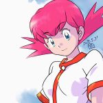  1girl 2018 akane_(pokemon) bangs blue_eyes breasts closed_mouth dated eyebrows_visible_through_hair gym_leader highres looking_down medium_breasts muneondo pink_hair pokemon pokemon_(game) pokemon_gsc shirt short_sleeves simple_background smile solo twintails upper_body white_background white_shirt 