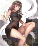  1girl alternate_costume armpits bangs bare_shoulders black_dress blunt_bangs blush bottle breasts brown_hair champagne_flute cup dress drinking_glass dsr-50_(girls_frontline) feathers girls_frontline gold_footwear hair_over_shoulder half-closed_eyes hand_on_thigh high_heels highres holding holding_drinking_glass knee_up large_breasts lens_flare lipstick_mark long_hair looking_at_viewer red_eyes sidelocks sitting skindentation smile solo sparkle thigh_strap thighs yusan 