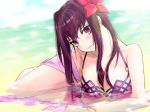  1girl brown_hair collarbone day eyebrows_visible_through_hair fate/grand_order fate_(series) flower hair_between_eyes hair_flower hair_ornament head_tilt hibiscus lens_flare long_hair outdoors parted_lips pixiv_fate/grand_order_contest_2 purple_bikini_top red_eyes red_flower sarong scathach_(fate/grand_order) scathach_(swimsuit_assassin)_(fate) shiny shiny_skin solo water 