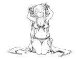  1girl :d bikini breasts cleavage commentary_request earrings facing_viewer granblue_fantasy greyscale hair_over_one_eye hands_up haoni head_tilt horns jewelry kneeling large_breasts long_hair monochrome narmaya_(granblue_fantasy) one_eye_covered open_mouth panties pointy_ears sandals simple_background sketch smile solo swimsuit thigh_gap underwear very_long_hair white_background 