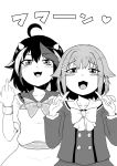  2girls :3 absurdres ahoge bangs blush bow bowtie crossover eyebrows_visible_through_hair fangs greyscale hair_flaps heart highres himajin_noizu horns idolmaster idolmaster_cinderella_girls kijin_seija koshimizu_sachiko long_sleeves looking_at_viewer middle_finger monochrome multicolored_hair multiple_girls open_mouth pointing pointing_at_self short_hair short_sleeves streaked_hair touhou 