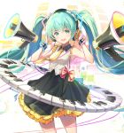  1girl :d armpits bangs black_skirt blue_eyes blue_hair blunt_bangs bow cowboy_shot eyebrows_visible_through_hair floating_hair frilled_shirt frills hair_between_eyes hatsune_miku headphones hon_(neo2462) long_hair megaphone necktie open_mouth red_bow shirt signature skirt sleeveless sleeveless_shirt smile solo standing twintails very_long_hair vocaloid white_shirt wrist_cuffs yellow_neckwear 