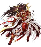  1boy armor brown_eyes brown_hair bruise cuts damaged feathers fire_emblem fire_emblem_heroes fire_emblem_if gloves highres holding holding_sword holding_weapon injury katana kita_senri long_coat long_hair male_focus mask official_art pants raijintou_(sword) red_armor ryouma_(fire_emblem_if) sheath simple_background solo spiky_hair sword torn_clothes torn_coat torn_pants very_long_hair weapon white_background white_coat white_pants 