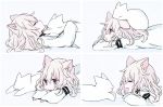  1girl :d ^_^ animal animal_ears animal_on_head bangs black_choker cat cat_ears cat_on_head cat_on_person choker closed_eyes comic dress face-to-face grey_background grey_hair hair_between_eyes koneko_mari long_sleeves lying on_back on_head on_stomach open_mouth original sleeves_past_wrists smile solo violet_eyes white_cat white_dress 