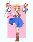  3girls ;) alice_margatroid bangs blonde_hair blue_eyes blush boots bow bowtie brown_footwear capelet eyebrows_visible_through_hair full_body green_eyes hair_between_eyes hair_bow hairband highres holding holding_shield holding_weapon inon long_hair long_sleeves looking_at_viewer multiple_girls one_eye_closed polearm red_bow red_neckwear shanghai_doll shield shoes short_hair smile spear standing touhou weapon 