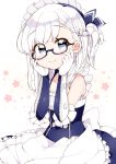  1girl apron azur_lane belchan_(azur_lane) belfast_(azur_lane) bespectacled blue_eyes braid eyebrows_visible_through_hair glasses gloves hands_on_own_cheeks hands_on_own_face highres kanjitomiko long_hair looking_at_viewer maid maid_apron maid_headdress one_side_up sitting smile solo white_hair 