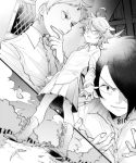  1girl 2boys ahoge boots cross-laced_footwear emma_(yakusoku_no_neverland) greyscale hair_over_one_eye lace-up_boots leaf looking_at_viewer monochrome multiple_boys norman_(yakusoku_no_neverland) ray_(yakusoku_no_neverland) tattoo tree uniform yakusoku_no_neverland 