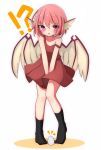  !? 1girl absurdres alternate_costume animal_ears bangs bare_shoulders bird_wings black_legwear blush brown_skirt commentary_request egg eyebrows_visible_through_hair full_body highres inon looking_at_viewer mystia_lorelei no_shoes open_mouth pink_eyes pink_hair simple_background skirt skirt_tug socks solo standing strap_slip swaet touhou v-shaped_eyebrows white_background wings 