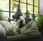  1girl :&lt; absurdres animal_ears black_dress blush bow breasts brown_hair cat_ears cat_girl cat_tail closed_mouth commentary_request couch day dress hair_ornament highres indoors juliet_sleeves long_sleeves looking_at_viewer looking_to_the_side medium_breasts no_shoes on_couch original puffy_sleeves shibainu solo stuffed_animal stuffed_bunny stuffed_toy tail tail_lift tail_raised teddy_bear thigh-highs white_bow white_legwear window yellow_eyes 
