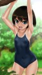  1girl :d armpits arms_up bangs bare_arms bare_shoulders black_swimsuit blurry blurry_background blush breasts brown_hair commentary_request competition_school_swimsuit covered_navel day depth_of_field eyebrows_visible_through_hair gluteal_fold green_eyes hair_between_eyes long_hair looking_at_viewer one-piece_swimsuit open_mouth original outdoors rohitsuka small_breasts smile solo swimsuit translated 