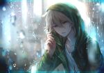  1boy brown_hair collarbone dangan_ronpa eyebrows_visible_through_hair green_eyes green_jacket hair_between_eyes highres hood hooded_jacket jacket komaeda_nagito looking_at_viewer male_focus outdoors parted_lips rain shirt solo super_dangan_ronpa_2 upper_body white_shirt zhuo_ying 