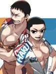  2boys bike_jersey black_eyes black_hair clenched_teeth crossed_arms eyelashes gloves hand_on_own_chest highres horii_hiiragi izumida_touichirou looking_at_viewer male_focus multiple_boys pectorals shaved_head smile staff tadokoro_jin teeth twitter_username yowamushi_pedal 