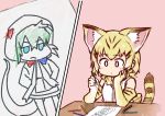  1girl animal_ears bare_shoulders blonde_hair blush bow bowtie cat_ears drawing elbow_gloves eyebrows_visible_through_hair gloves highres hood hoodie kemono_friends multicolored_hair ouka_(yama) paper pencil sand_cat_(kemono_friends) short_hair snake_tail tail tsuchinoko_(kemono_friends) vest 