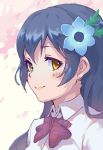  1girl blue_flower blush bow bowtie closed_mouth collared_shirt commentary_request flower hair_flower hair_ornament haoni long_hair looking_at_viewer love_live! love_live!_school_idol_project orange_eyes purple_hair red_neckwear shirt smile solo sonoda_umi upper_body white_shirt wing_collar 