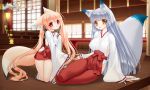  2girls animal_ears blonde_hair blush breasts erect_nipples fox_ears fox_tail fusuma hair_ribbon hakama hakama_skirt hand_holding highres hip_vent indoors japanese_clothes kimono kneeling lantern large_breasts long_hair long_sleeves looking_at_viewer miko multiple_girls nakajima_konta red_eyes red_hakama ribbon ribbon-trimmed_clothes ribbon-trimmed_sleeves ribbon_trim rikka_(snow_fox) setuka_(snow_fox) shouji shrine sideboob silver_hair sitting sliding_doors snow_fox stairs tail twintails very_long_hair wide_sleeves wooden_floor yellow_eyes yokozuwari 