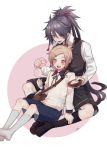  2boys :d bag black_legwear bowl brown_eyes brown_hair candy food fudou_yukimitsu hair_ornament hairclip houchou_toushirou kneehighs konpeitou lollipop male_focus messenger_bag multiple_boys open_mouth ponytail purple_hair shimajiro shorts shoulder_bag sitting smile touken_ranbu violet_eyes waistcoat white_legwear 