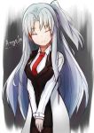  1girl angela_(lobotomy_corporation) character_name closed_eyes commentary commentary_request english_commentary facing_viewer hands_together lobotomy_corporation long_hair long_sleeves necktie nidaime_(doronbo) open_mouth red_neckwear side_ponytail solo very_long_hair white_hair 