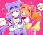  2girls :&lt; :d ^_^ ^o^ aisaki_emiru bangs bare_shoulders blunt_bangs blush bow brown_hair butterfly_hair_ornament choker closed_eyes closed_mouth commentary_request double_bun dress elbow_pads eyebrows_visible_through_hair flower gloves hair_bow hair_flower hair_ornament hairband hug hug_from_behind hugtto!_precure long_hair looking_away low_twintails multiple_girls nonowa open_mouth polka_dot polka_dot_background precure puffy_sleeves purple_hair ruru_amour smile speech_bubble spoken_face translated twintails upper_body uta_(yagashiro25) violet_eyes 