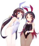  2girls ahoge animal_ears babu bangs black_hair blue_eyes blunt_bangs blush bow bowtie breasts bright_pupils brown_legwear covered_navel fake_animal_ears gluteal_fold hair_intakes hairband hinatsuru_ai leaning_forward leotard low_twintails multiple_girls one_side_up pantyhose rabbit_ears red_eyes ryuuou_no_oshigoto! sidelocks simple_background small_breasts smile thigh_gap twintails wavy_mouth white_background white_legwear wrist_cuffs yashajin_ai 