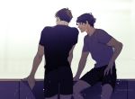  2boys artist_name brown_hair facing_away haikyuu!! karukachika looking_at_another male_focus multiple_boys parted_lips sakusa_kiyoomi shirt shorts sitting standing t-shirt twitter_username ushijima_wakatoshi 