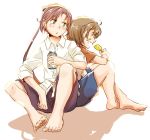  2girls ahoge akigumo_(kantai_collection) alternate_costume bandaid bandaid_on_face barefoot black_ribbon blue_pants brown_hair can eating green_eyes hair_ribbon holding holding_can kantai_collection long_hair mole mole_under_eye multiple_girls oboro_(kantai_collection) orange_shirt pants ponytail purple_pants ribbon shakeda_mamoshirou shirt short_hair simple_background sitting white_shirt 