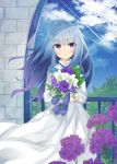  1girl blush bouquet closed_mouth day eyebrows_visible_through_hair flower grey_hair highres holding holding_bouquet kavka long_sleeves looking_at_viewer multicolored_hair original outdoors purple_hair sky smile solo violet_eyes 