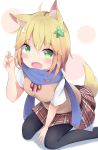  1girl ahoge animal_ears bangs between_legs black_legwear blonde_hair blue_scarf blush brown_hair chisaki_tapris_sugarbell commentary_request dog_ears dog_girl dog_tail eyebrows_visible_through_hair flower gabriel_dropout gradient_hair green_eyes green_footwear hair_between_eyes hair_flower hair_ornament hand_between_legs hand_up highres kyuukon_(qkonsan) looking_at_viewer multicolored_hair neck_ribbon no_shoes open_mouth pantyhose plaid plaid_skirt pleated_skirt red_ribbon red_skirt ribbon scarf shirt short_sleeves sitting skirt solo sweater_vest tail wariza white_shirt 