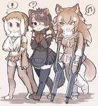  ! 3girls ? animal_ears apron arm_sling australian_devil_(kemono_friends) bare_shoulders black_hair bow bowtie cast commentary_request crutch detached_sleeves elbow_gloves eye_contact eyebrows_visible_through_hair eyepatch fingerless_gloves fur_collar gloves japanese_otter_(kemono_friends) japanese_wolf_(kemono_friends) kemono_friends light_brown_hair long_hair long_sleeves looking_at_another medical_eyepatch multicolored_hair multiple_girls musical_note neck_brace neckerchief one-piece_swimsuit otter_ears otter_tail plaid plaid_skirt pleated_skirt short_hair skirt spoken_exclamation_mark spoken_musical_note spoken_question_mark swimsuit tail tanaka_kusao tasmanian_devil_ears tasmanian_devil_tail thigh-highs toeless_legwear vest white_hair wolf_ears wolf_tail 