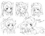  1girl :d bangs blunt_bangs blush breasts breath cleavage closed_eyes commentary english eyebrows_visible_through_hair fingers_together gift greyscale haoni head_tilt long_hair love_live! love_live!_school_idol_project merry_christmas minami_kotori monochrome nervous_smile one_eye_closed one_side_up open_mouth scarf simple_background smile sparkle sweatdrop tears translation_request white_background wide-eyed 